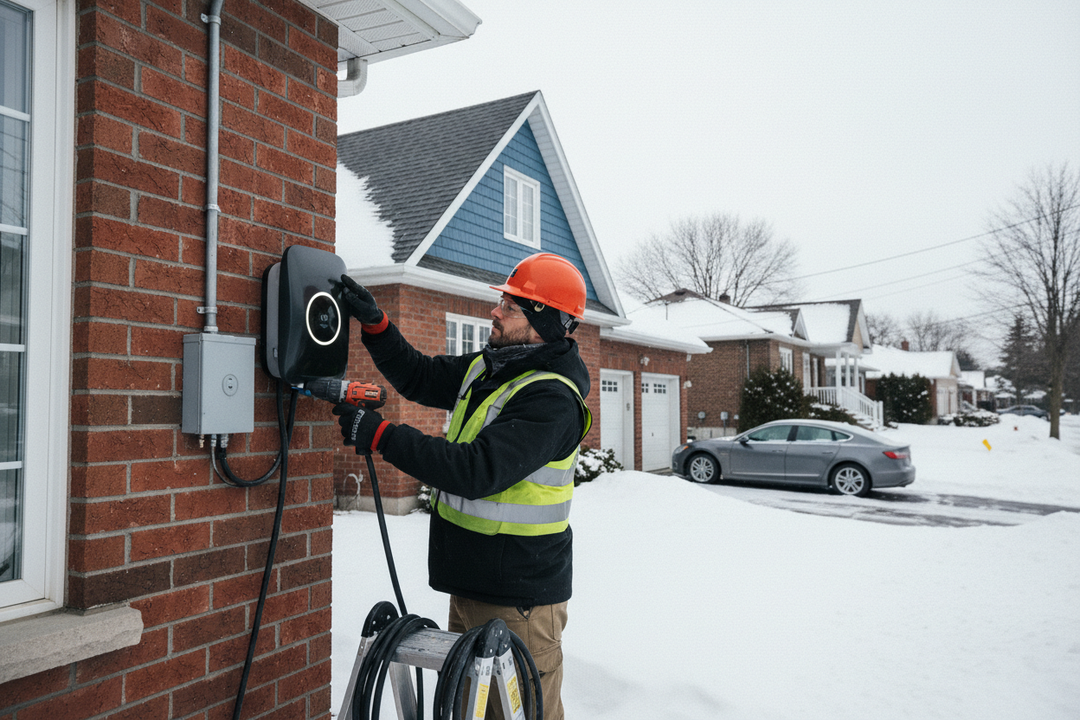 installateur de borne de charge au quebec residentiel, hyper realiste comme une photo prise directement